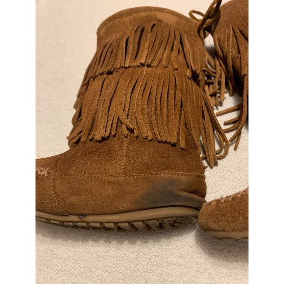 Minnetonka Fringe Leather Mid Calf Brown Flat Boot Women's Size 7.5 - Picture 6 of 12
